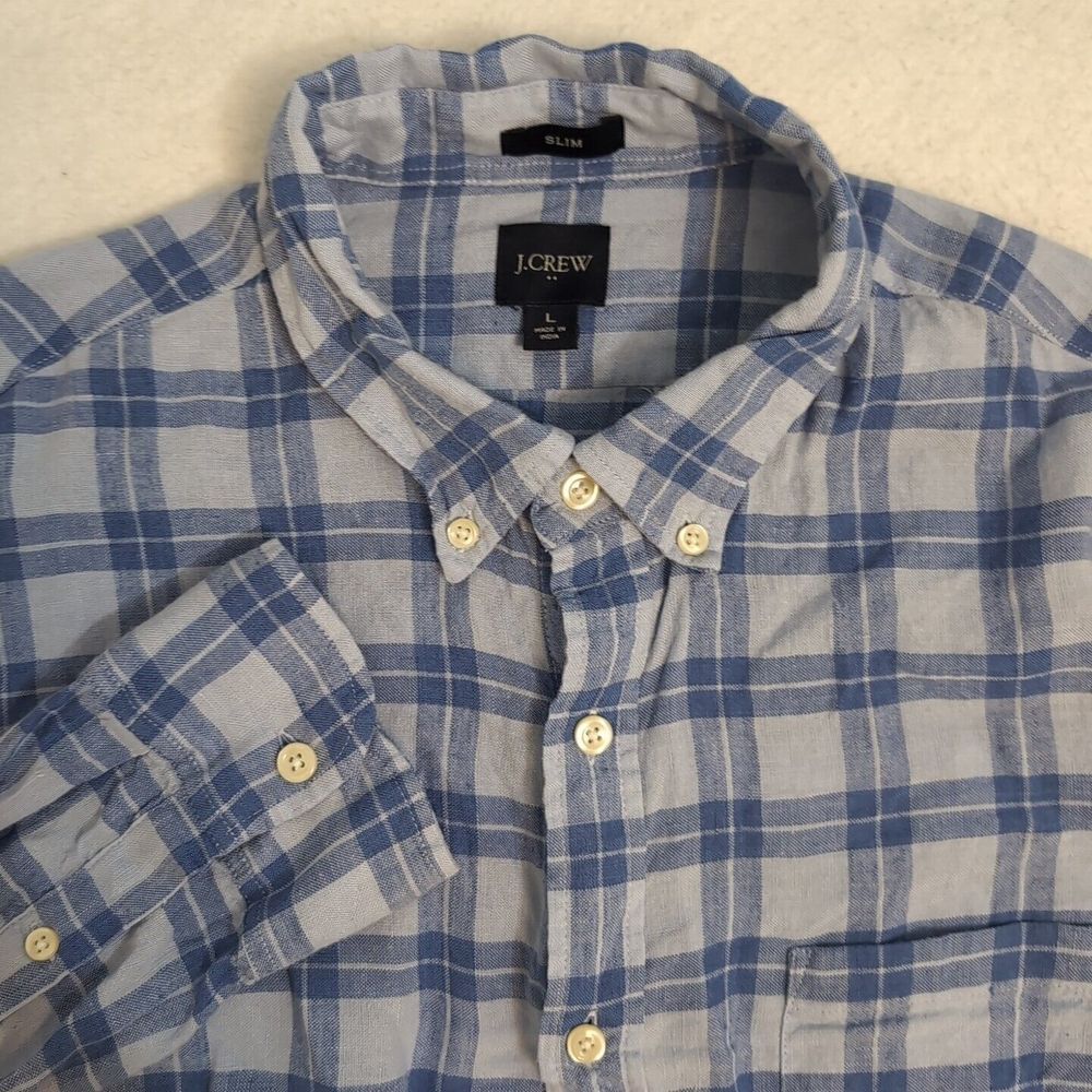 JCrew Shirt Mens L Blue Plaid Slim Fit Linen Bkend Button Down Casual EUC
